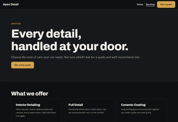 Apex Detail, services page: an example site made with PressUp