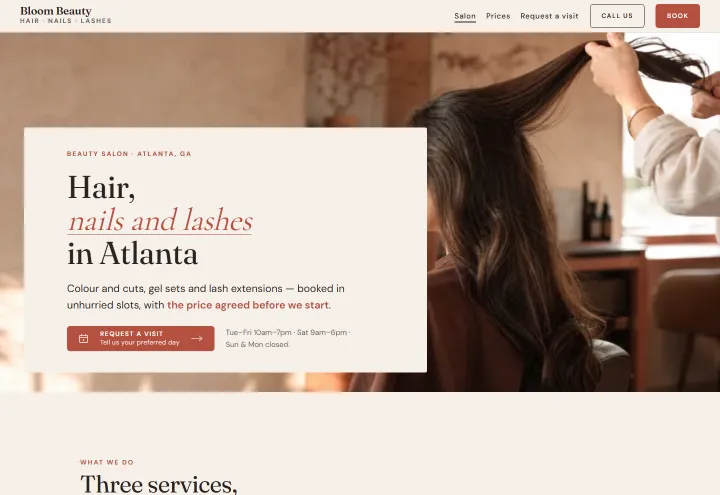 Bloom Beauty, beauty salon, atlanta: an example site made with PressUp