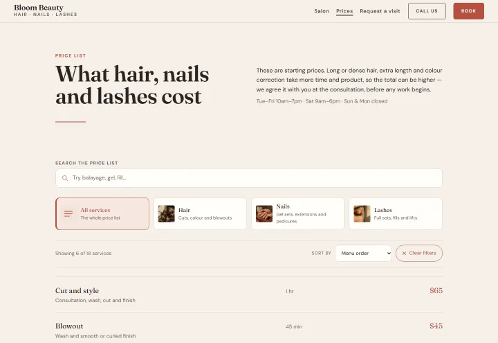 Bloom Beauty, price list: an example site made with PressUp