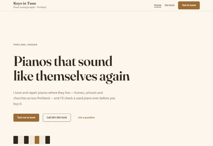 Keys in Tune, piano tuning, portland: an example site made with PressUp