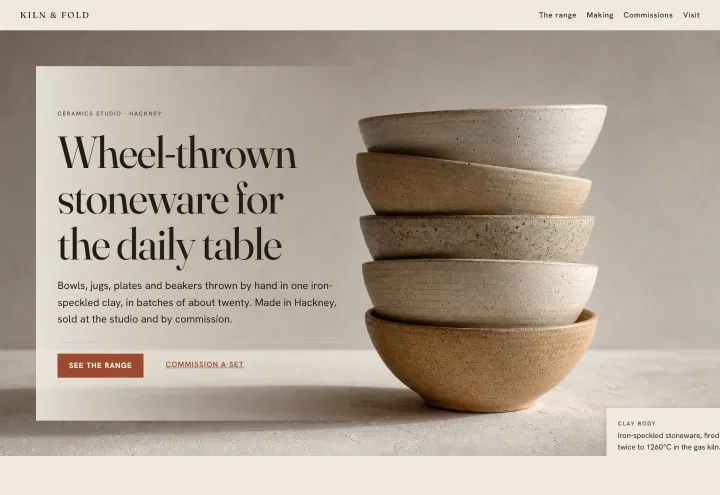 Kiln & Fold, ceramics studio, london: an example site made with PressUp