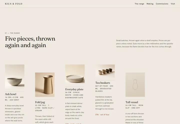 Kiln & Fold, the range: an example site made with PressUp