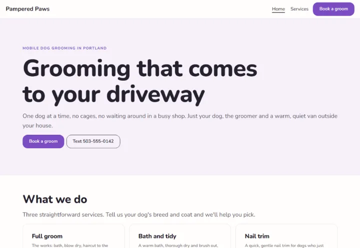 Pampered Paws, mobile dog grooming: an example site made with PressUp