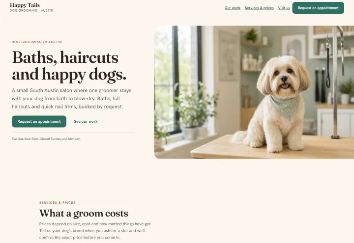 Happy Tails, dog grooming, austin: an example site made with PressUp