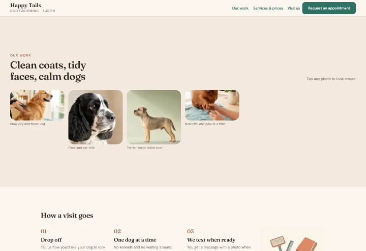 Happy Tails, gallery of their work: an example site made with PressUp