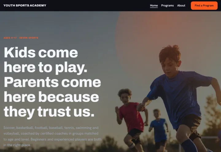 Youth Sports Academy, youth sports programs: an example site made with PressUp